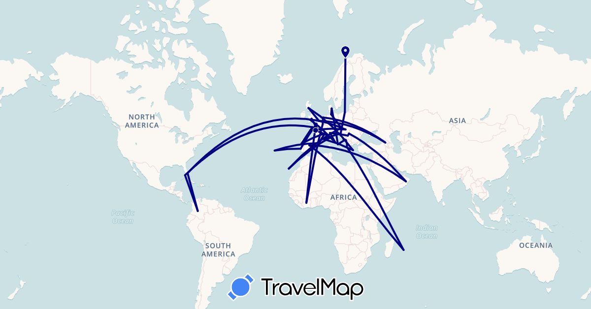 TravelMap itinerary: driving in Albania, Austria, Bosnia and Herzegovina, Côte d'Ivoire, Colombia, Germany, Denmark, Spain, France, United Kingdom, Georgia, Greece, Croatia, Hungary, Italy, Montenegro, Netherlands, Norway, Oman, Poland, Portugal, Romania, Serbia, United States (Africa, Asia, Europe, North America, South America)